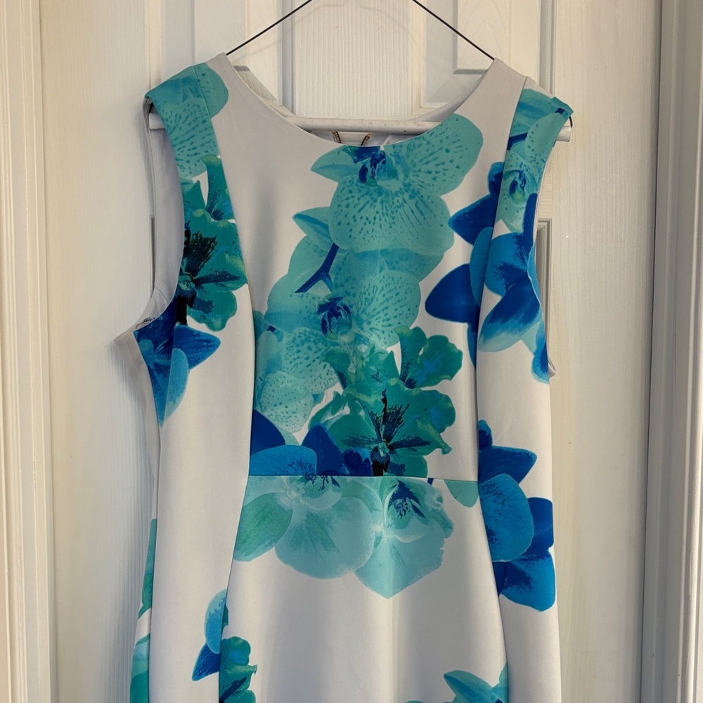 Calvin Klein White Dress with Teal & Blue Floral Print